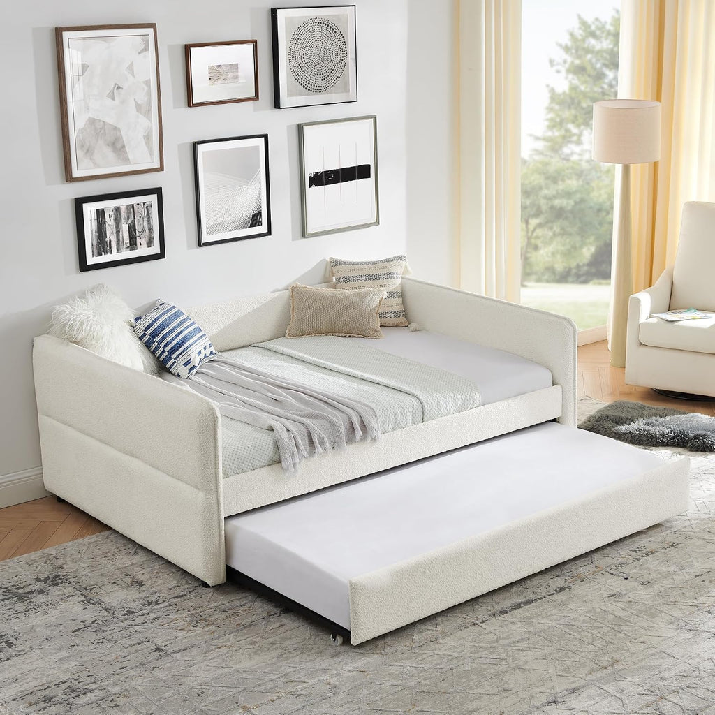 Full Daybed with Pop Up Trundle, Boucle Upholstered Daybed with Trundle, Full to King Expandable Day Bed with Wood