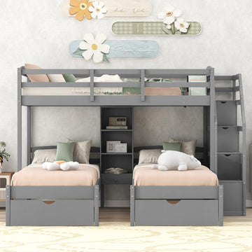 Triple Bunk Bed with Stairs, Twin Over Twin & Twin Bunk Bed for 3, Triple Bunk Bed with Drawers