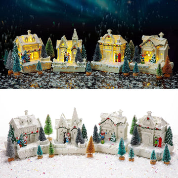 15 Pcs Christmas Village Set, 4 LED Houses 10 Trees Snow,Elegant