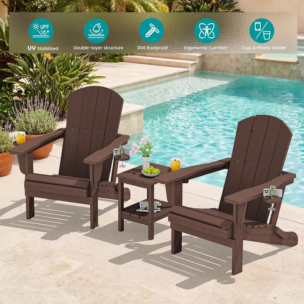 Outdoor Adirondack Chairs Set of 2 with Cup Holders,Foldable,Coffee | HDPE Composite,Waterproof,Wood Grain,Cup &
