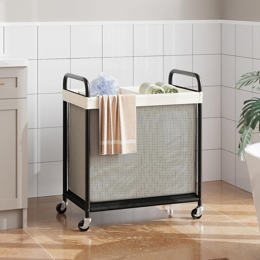 Laundry Hamper 2 Section, 100L Rolling Laundry Sorter with Wheels | Removable Washable Liner Bags, Sturdy Steel Frame