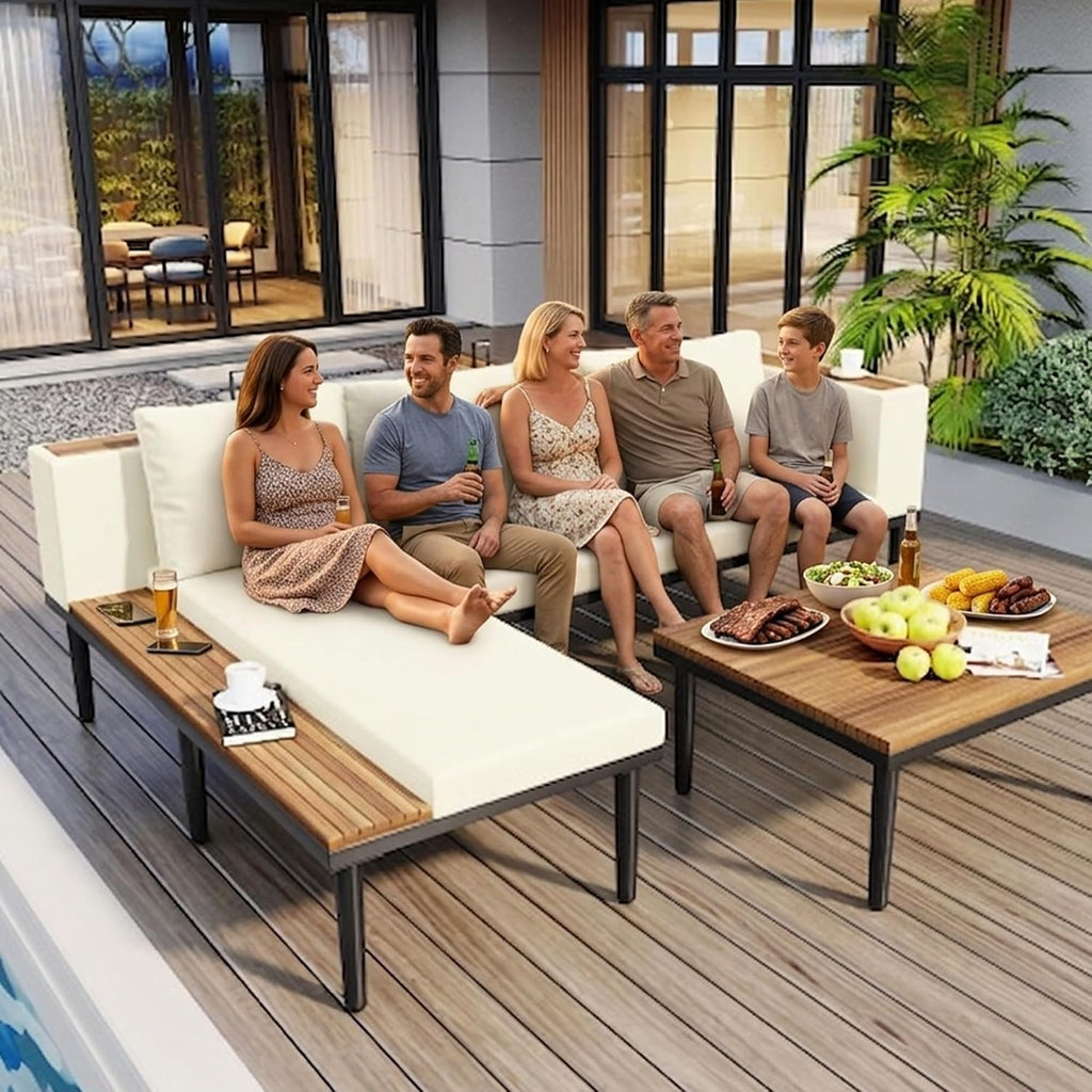 Acacia Wood Outdoor Sectional Sofa Set - Luxury L-Shaped Patio Furniture with Removable Cushions, Coffee Table & Side