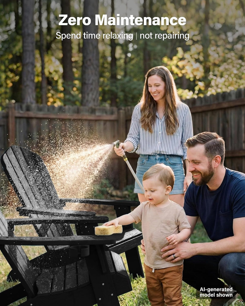Oversized Adirondack Chair with Cup-Holder - Black | Heavy Duty Poly Lumber Outdoor Fire Pit Chair, Weather