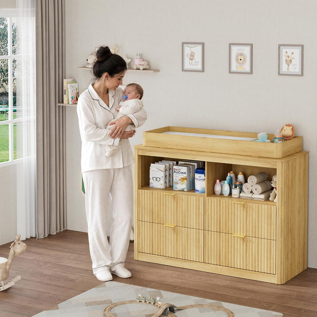 Changing Table Dresser, 4 Large Drawers Wood Baby Nursery Dresser with Raised and Detachable Changing Table Top
