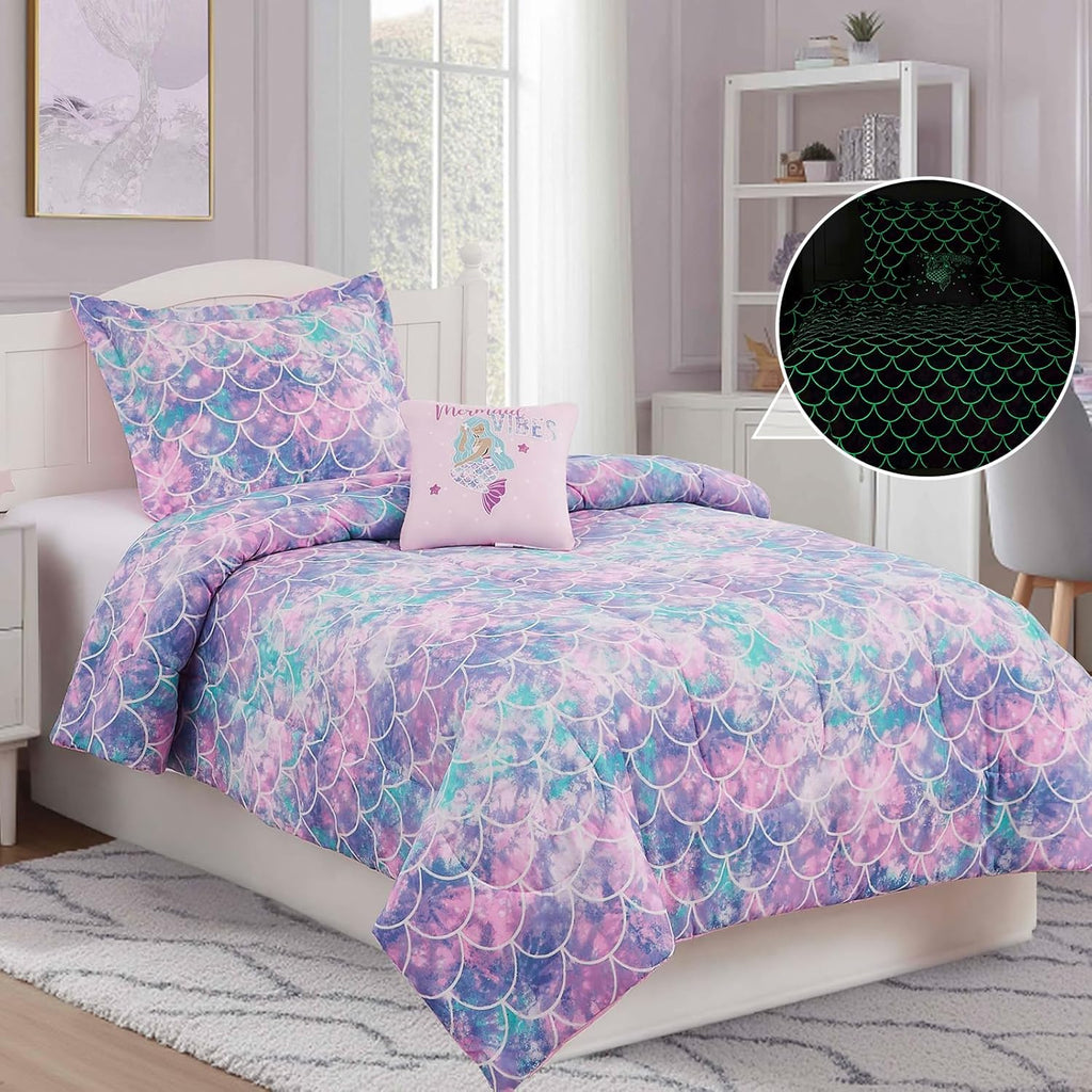Comforter Set for Girls-3 Pieces Mermaid Glow in the Dark Bedding Sets for Kids, 1 Comforter, 1 Sham and 1