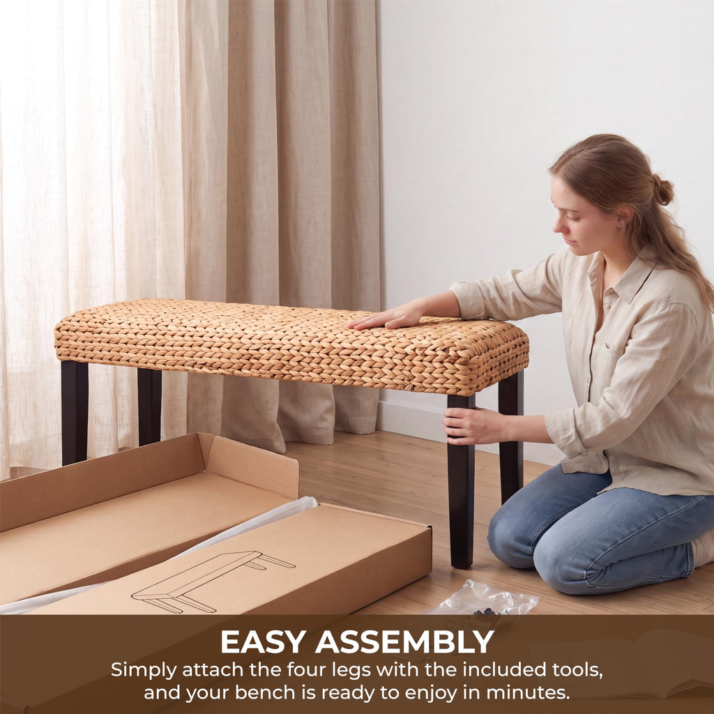 Solid Acacia Wood Entryway Bench with Water Hyacinth Woven Seat, Black Leg