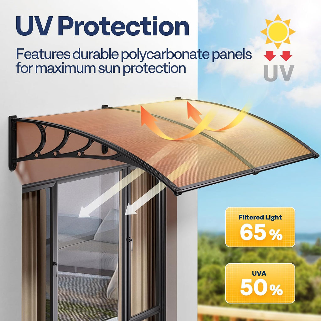 Polycarbonate Window Door Awning Canopy Brown with Black Bracket 38 Inch x 40 Inch