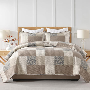 100% Cotton Quilt Set - Plaid Quilted Comforter, Patchwork Botanical Quilt Bedspread, Modern