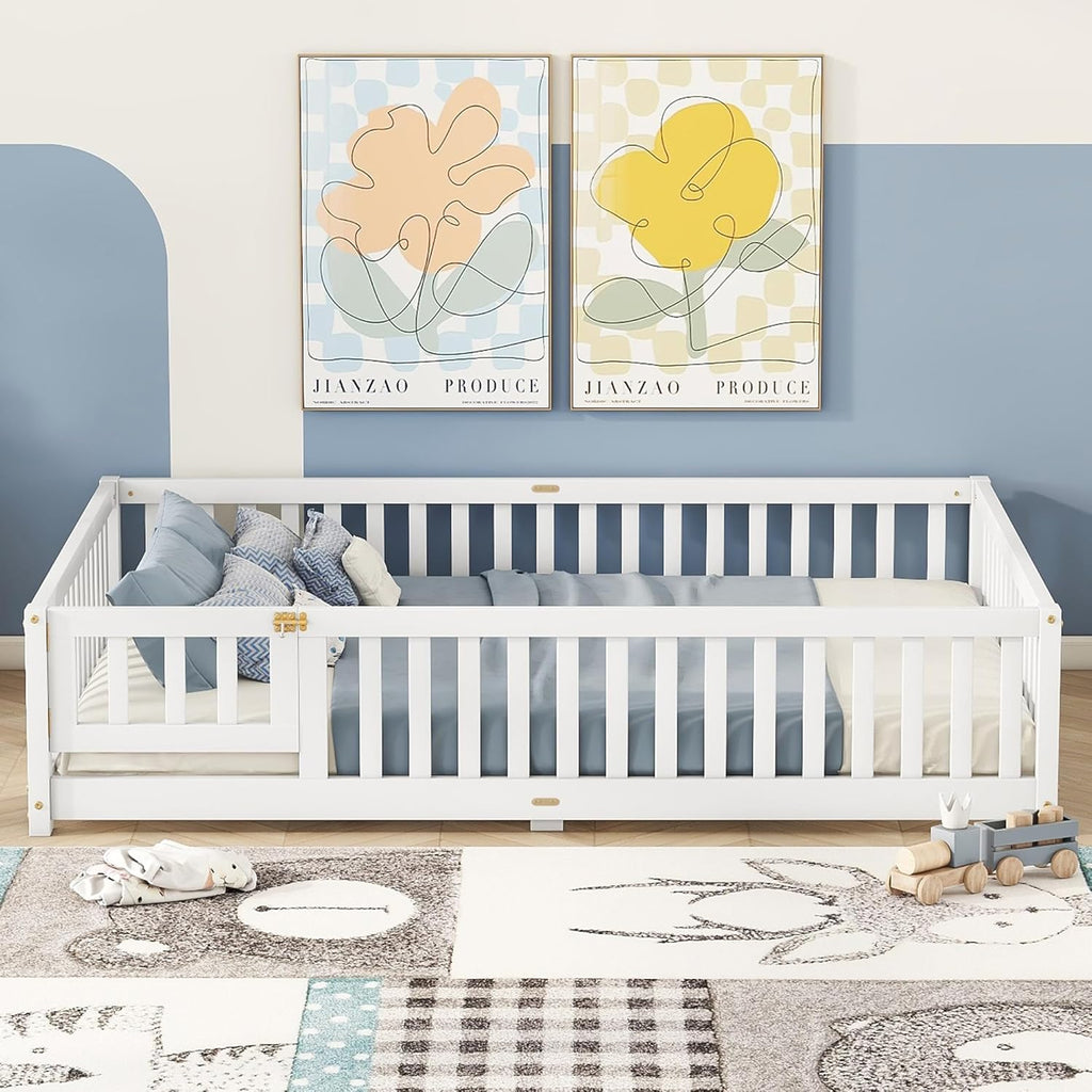 Full Size Montessori Floor Bed with Slats, Door and Guardrails, White | Low Profile Montessori Bed with Fence, Easy