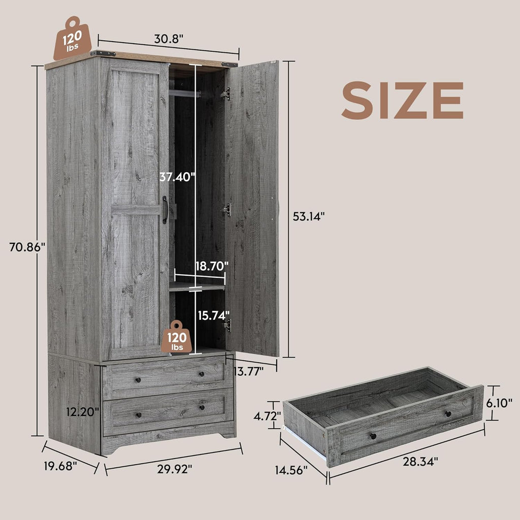 Wooden Armoire Wardrobe Closet with Drawers, Grey, 71" Tall,Set of 2 | 4 Modern Doors, Freestanding, with 4 Drawers