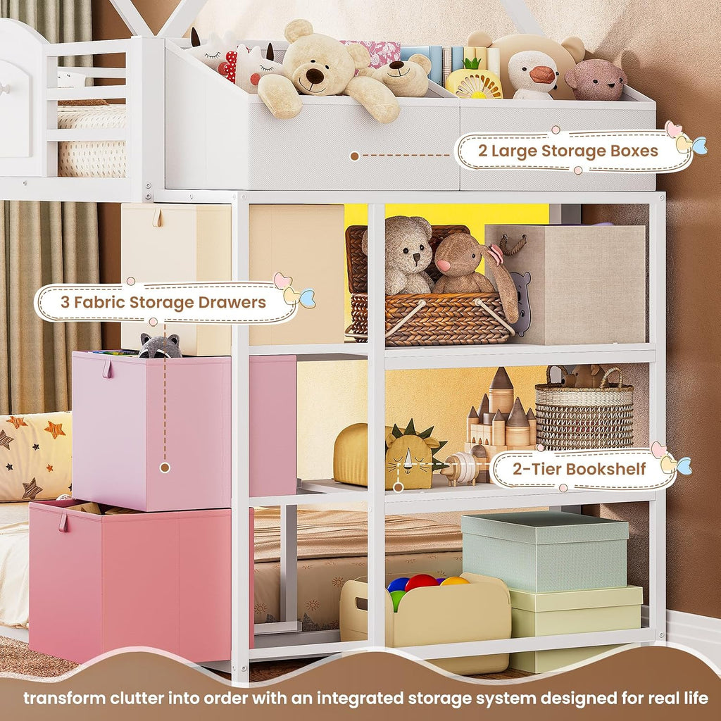 Bunk Bed Twin Over Twin with 3 Storage Drawers and Shelves, House Shaped Bunk Bed with Stairs and Guardrail