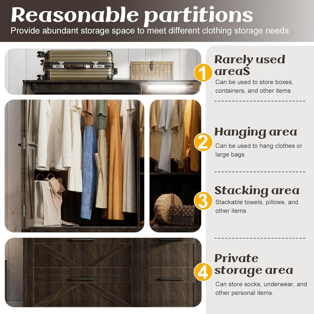 Armoire Wardrobe Closet with w/Folding Sliding Barn Door | Bedroom Armoires with Mirror and LED Lights, Hanging Rod