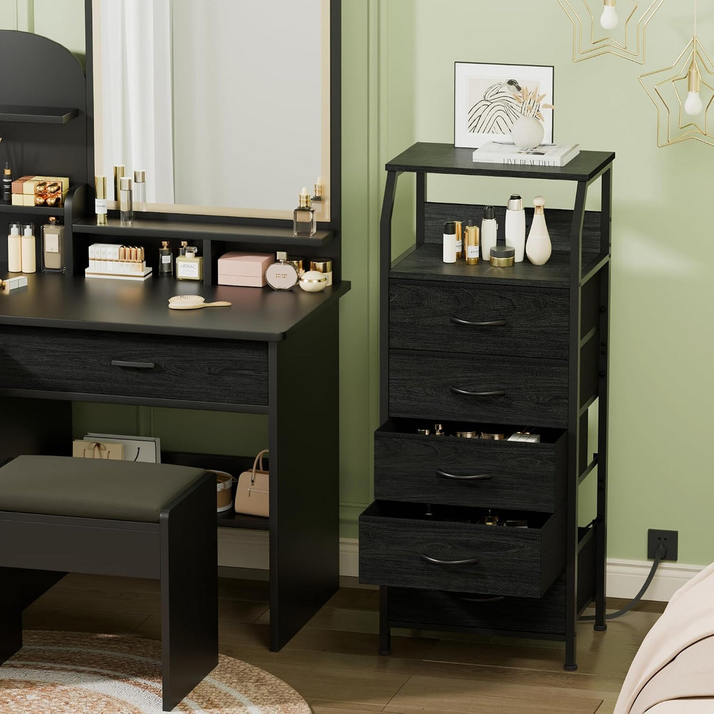 5 Drawers Dresser with Charging Station, Fabric Chest of Drawers with Open Shelf, Tall Night Stand, Bedside Table for