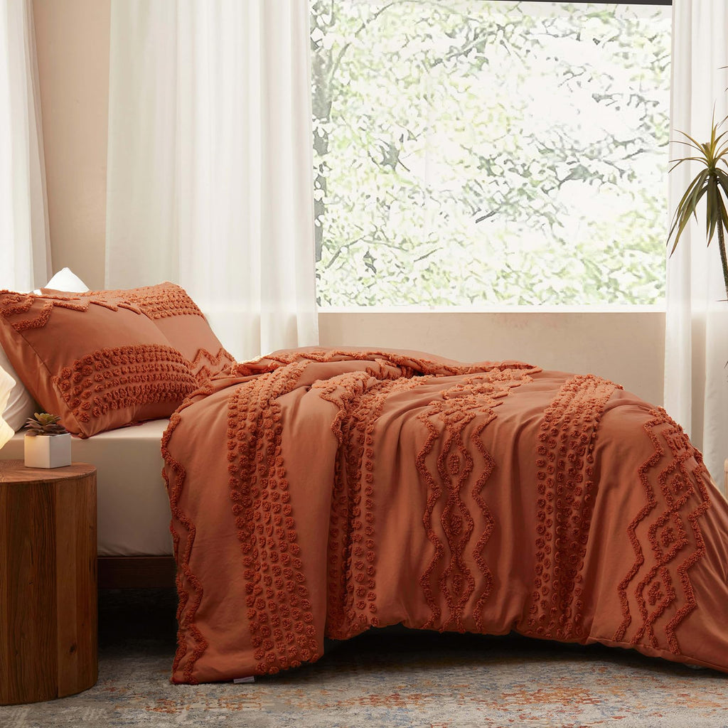 Terracotta Tufted Comforter Set, 3 Pieces King Boho Bedding Set