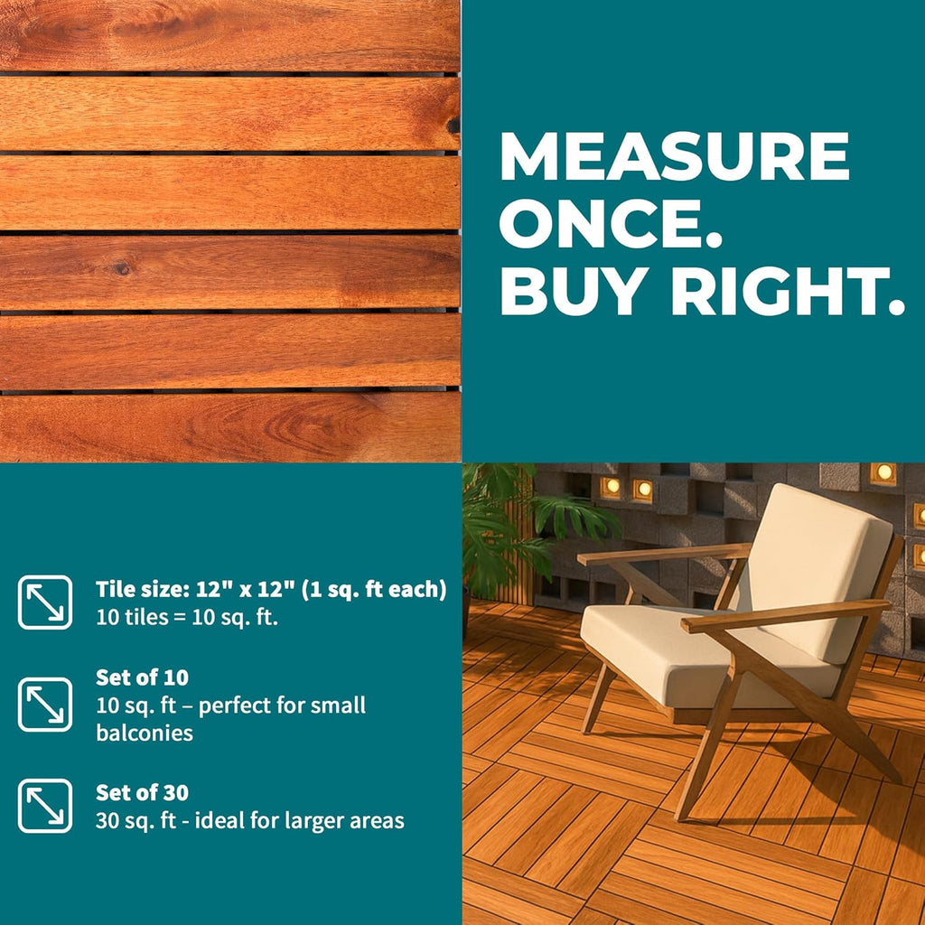 Bliss Outdoors Hardwood 6-Slat Interlocking Deck Tiles, Acacia Wooden Waterproof Patio Flooring for Balcony Indoor and