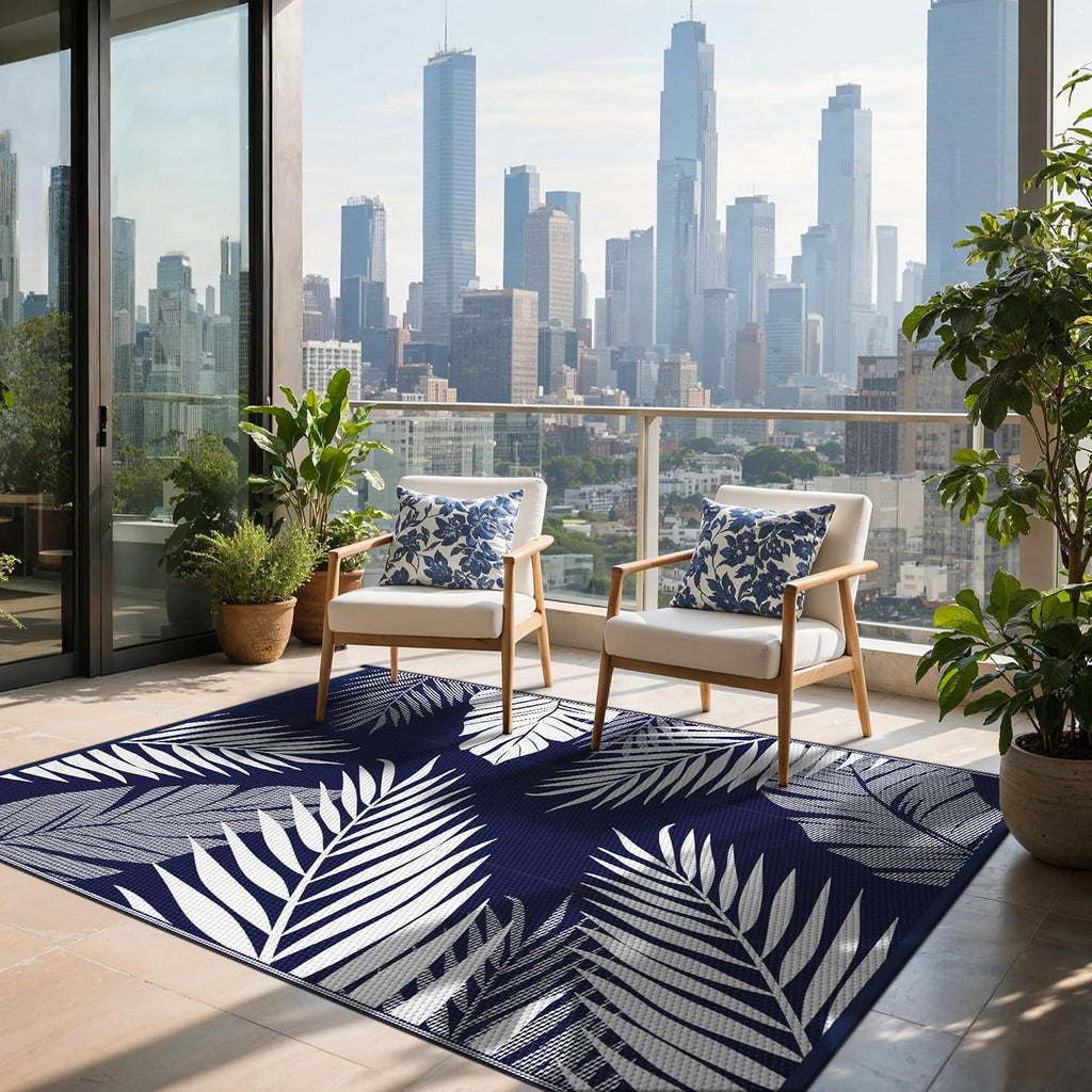 Outdoor Rug, Waterproof Plastic Rugs, 9'x12' Blue White