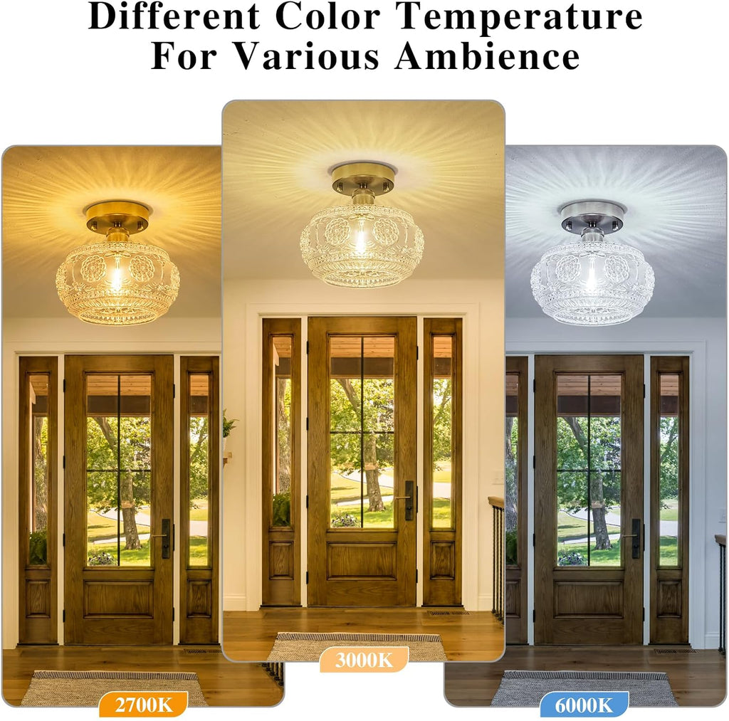 Semi Flush Mount Ceiling Light Fixture - Brass & Floral Glass Shade, Vintage Modern Lighting (Bulb Not Included)