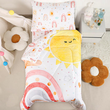 Toddler Bedding Set for Girls 4 Piece Pink Rainbow Toddler Girl Bedding Set Super Soft & Lightweight Toddler