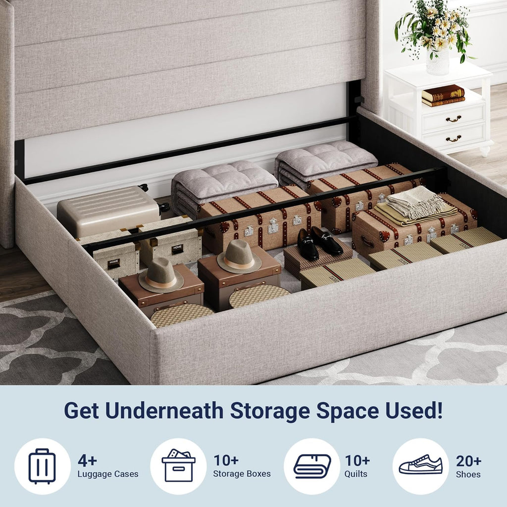 King Lift Up Storage Bed, Modern Wingback Headboard, Hydraulic Support, No Box Spring Needed, Light Beige