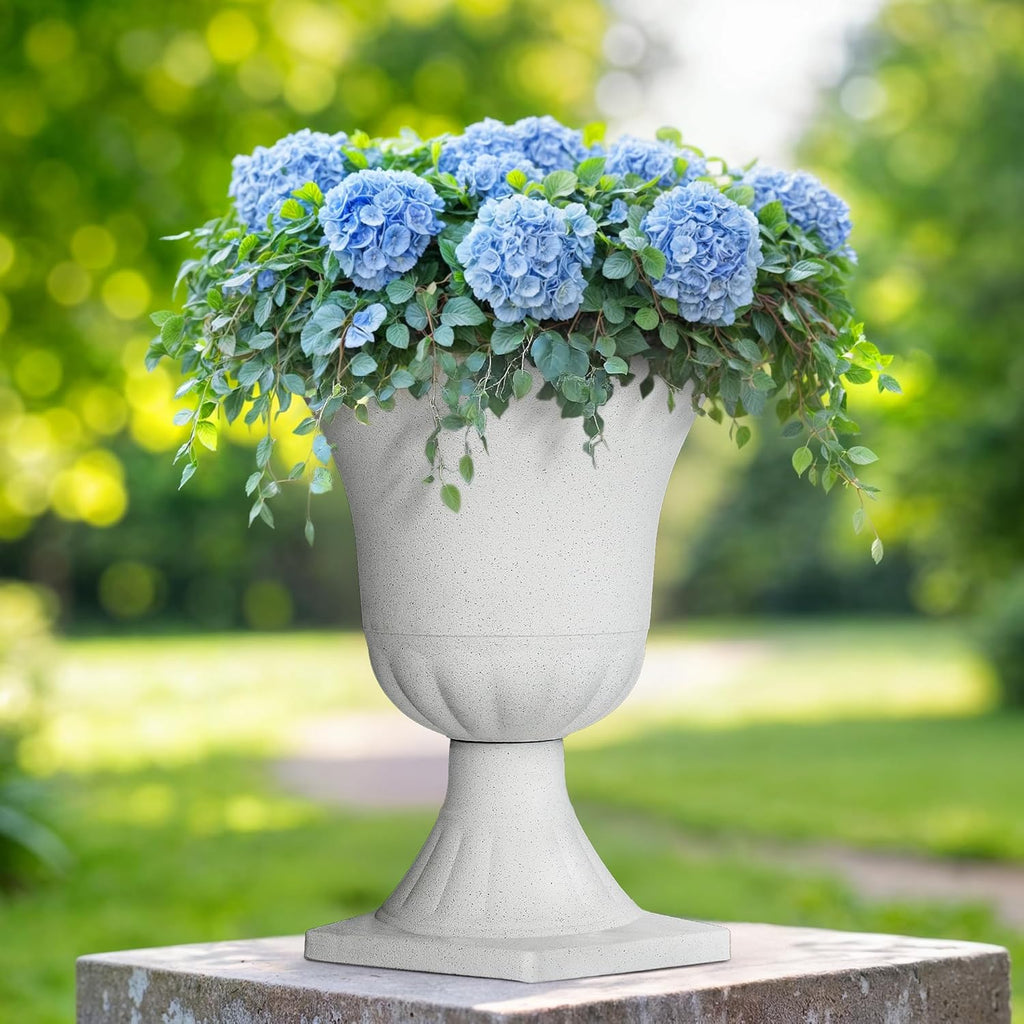 2-Pack 22" White Terrazzo Plastic Urn Planters with Drainage Holes | Set of 2 PP urn planters with white terrazzo