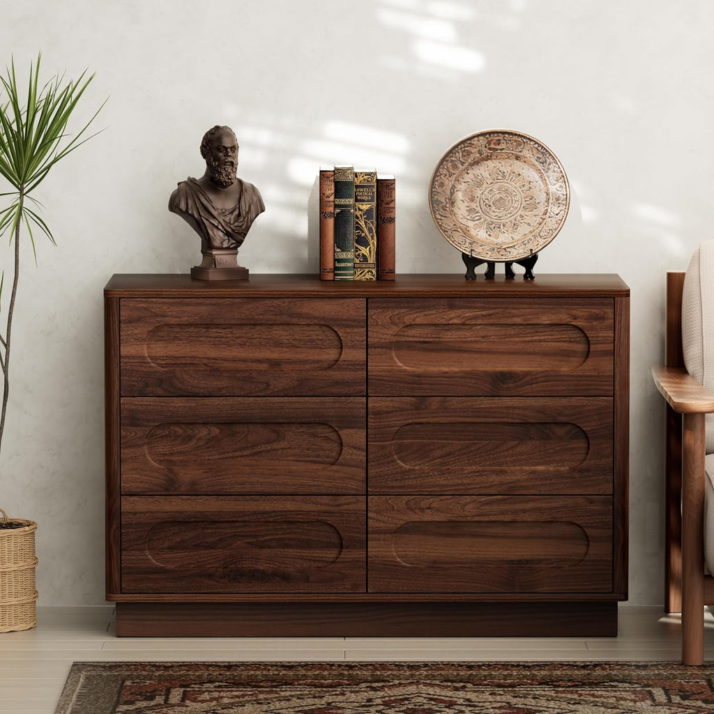 Modern 6 Drawer Dresser with Push-to-Open Drawers, Mid-Century Wide Bedside Table with Raised Base , Oval Groove