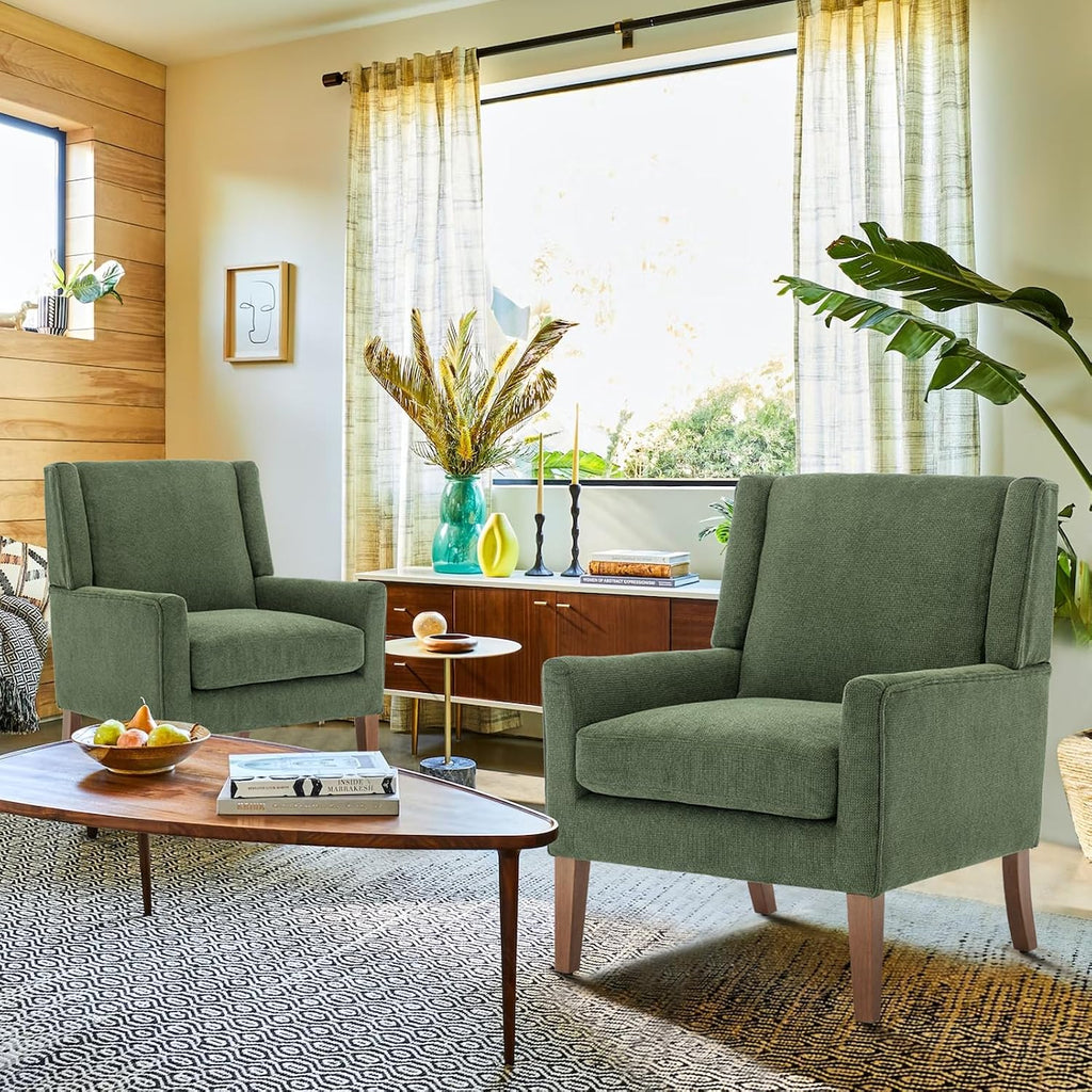 Modern Wingback Living Room Chair, Upholstered Fabric Accent Armchair, Single Sofa Chair with Lounge Seat and Wood