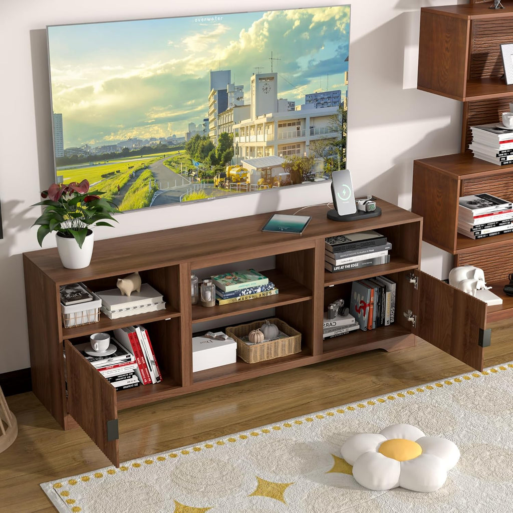 Fluted TV Stand for Tvs up to 80",Mid Century Modern TV Stand with Open Adjustable Shelf,Entertainment Center Wood TV