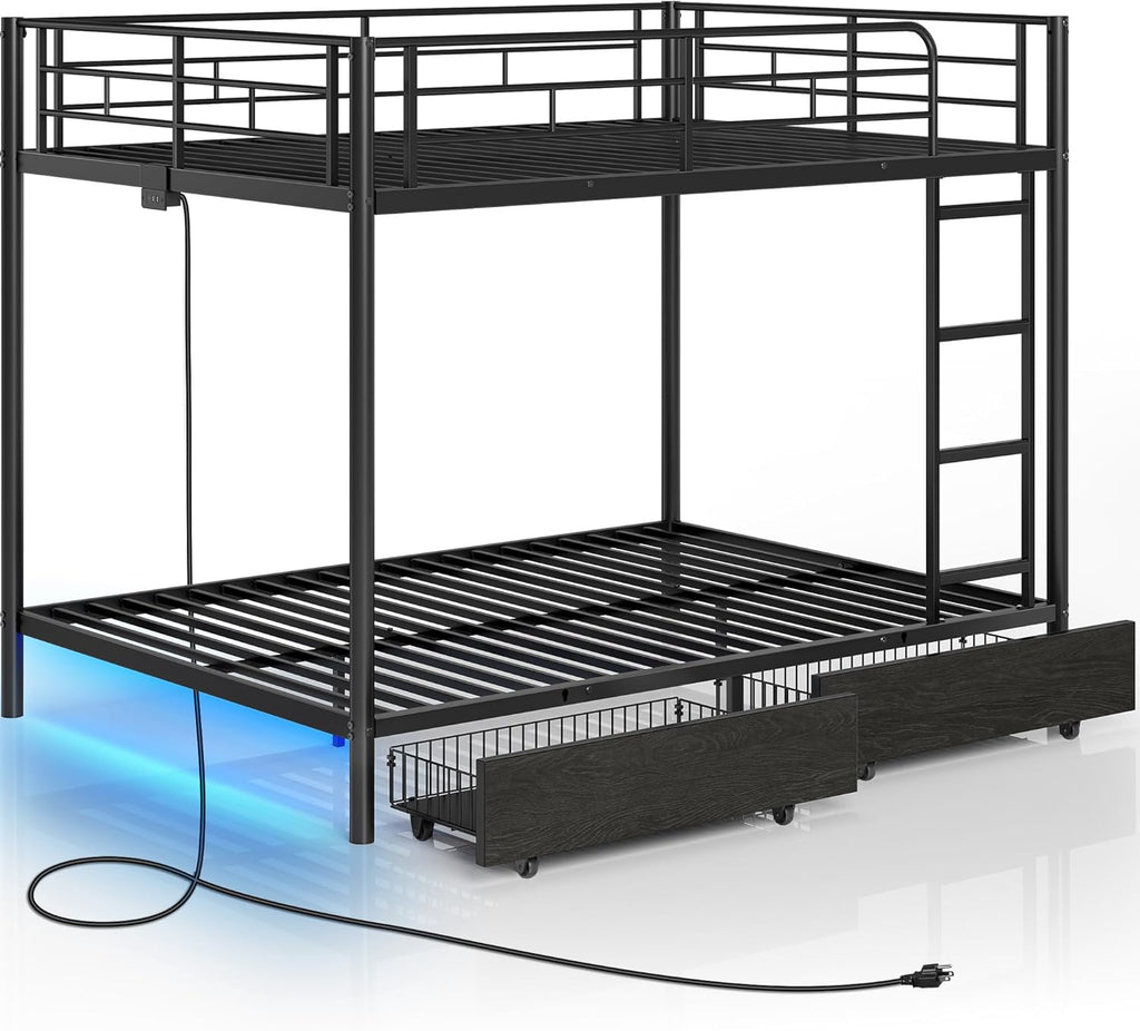 Metal Bunk Bed Full Over Full with USB Charging Station, LED Bunk Bed with 2 Storage Drawers