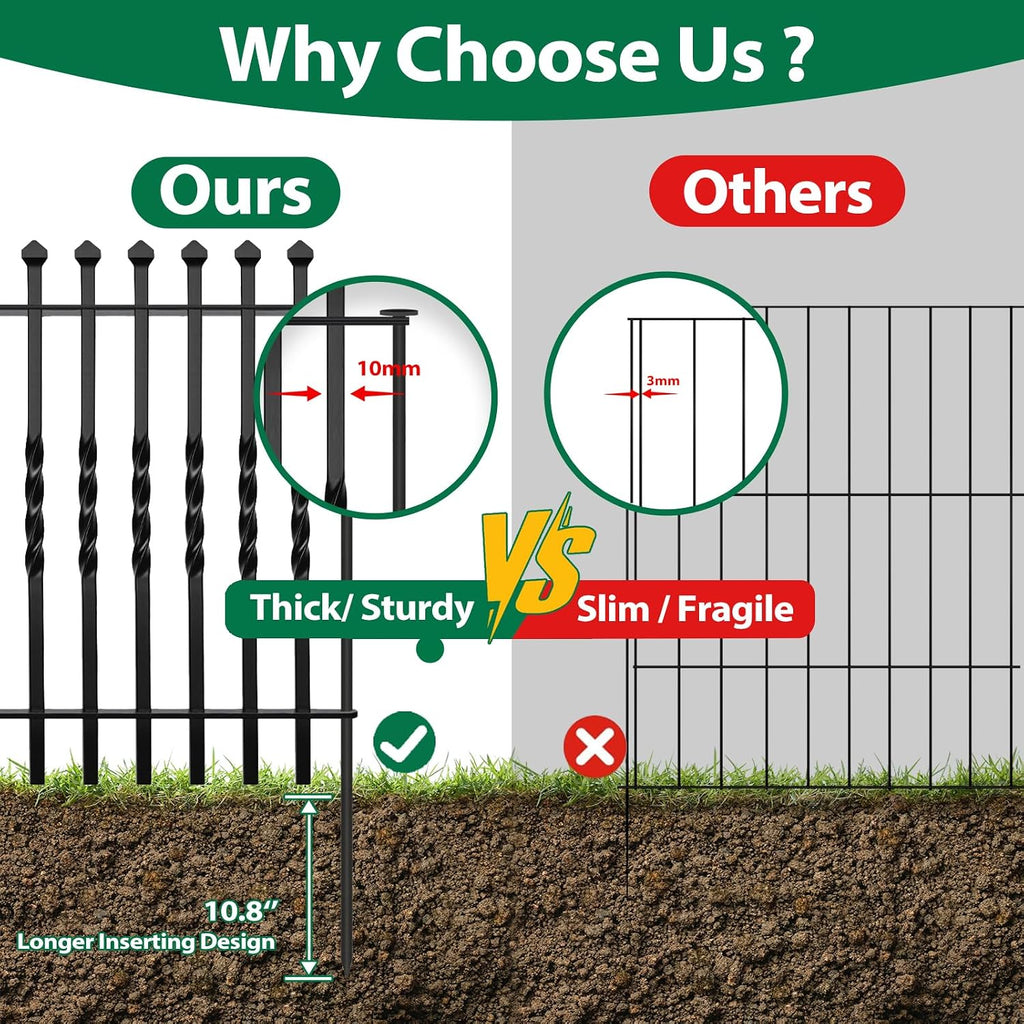 10 Panels Decorative Garden Fence, 32in(H)×24Ft(L) Heavy Duty Twist Outdoor Dog Fence Rustproof Metal Square Tube No