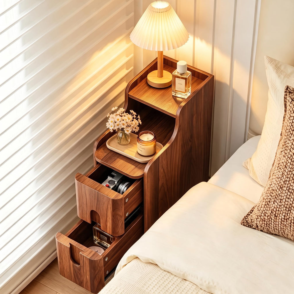 Narrow Nightstand, Wooden 2 Drawer, Walnut