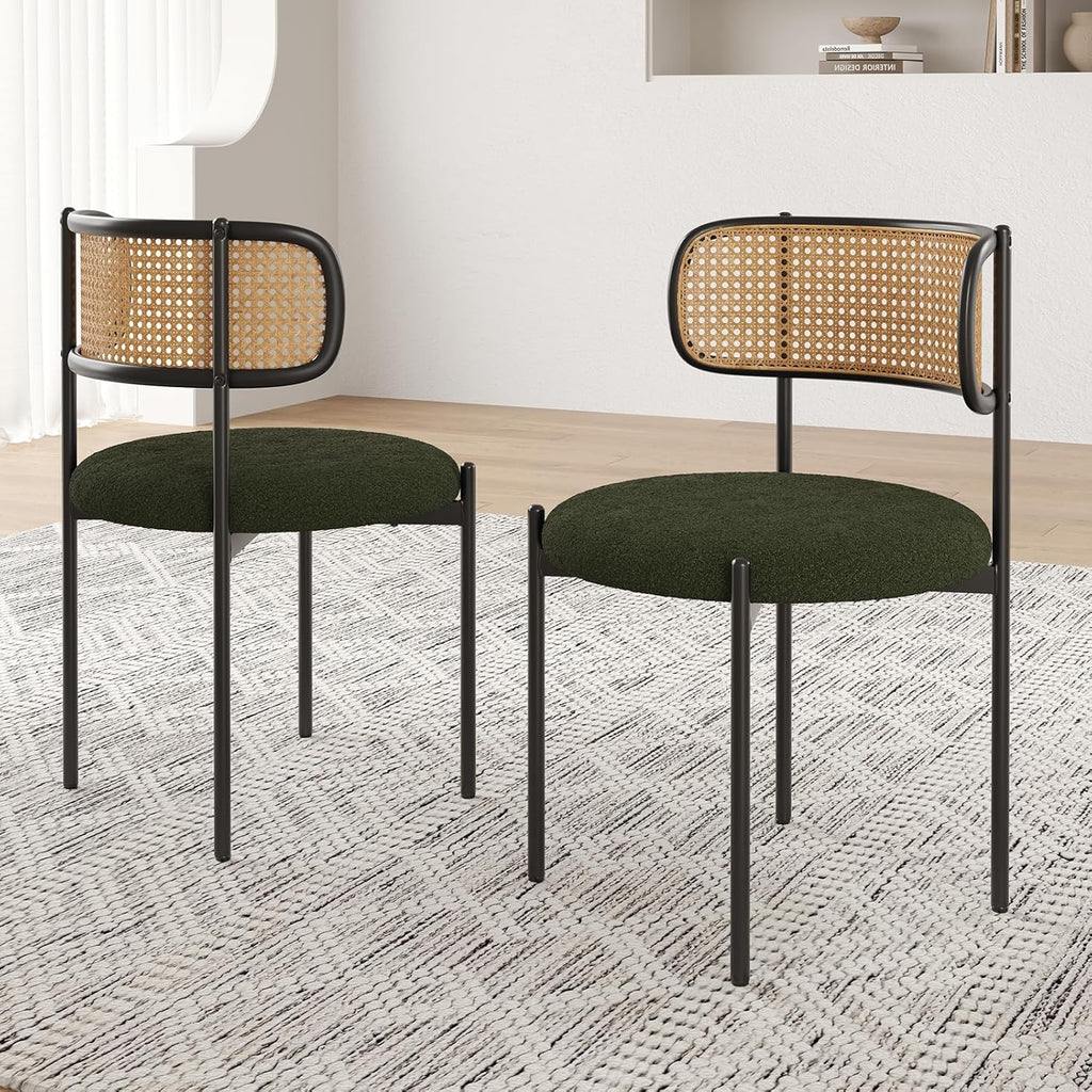 Modern Dining Chairs Set of 2, Upholstered Chairs with Rattan Back and Metal Legs, Green