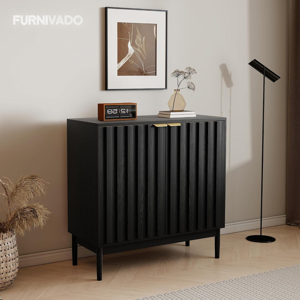 Fluted Cabinet with Storage, Buffet Cabinet Sideboard with 2 Doors, Black Buffet Storage Accent Cabinets with