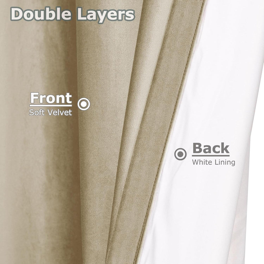 Velvet Curtains with Blackout Lining Indoor Heat Insulated Soft Luxury Back Tab/Rod Pocket 2 in 1
