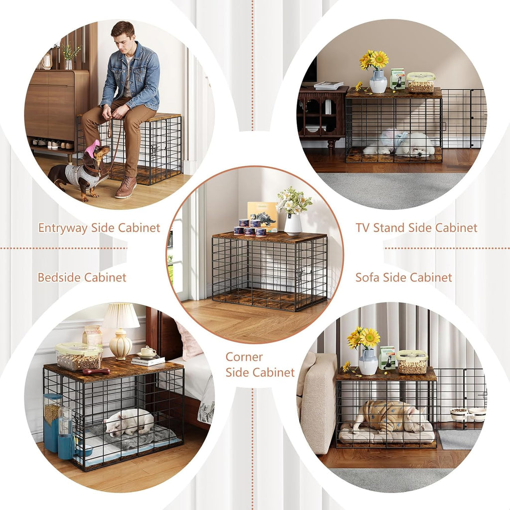 24 Inch Small Dog Crate Furniture - All-Season Indoor Dog Kennel with Wooden Top & Thickened Metal Wire