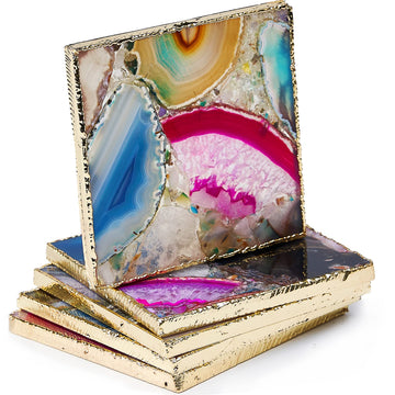 Agate Square Coasters Set of 4, Rainbow Crystal Coasters with Gold Edge Decor