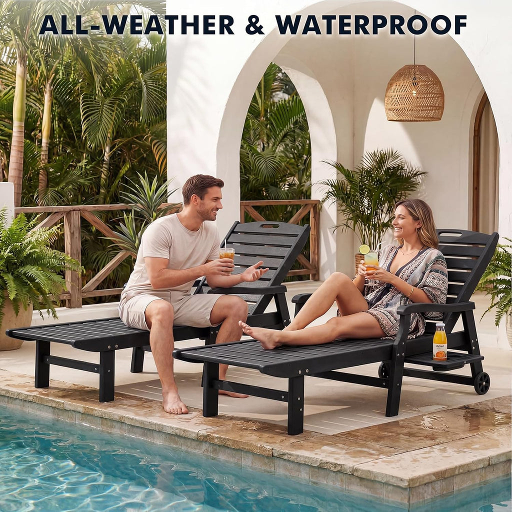Oversized Outdoor Chaise Lounge Chair with Cup Holder | 79" HDPE Patio Lounger with Wheels 5-Position Adjustable