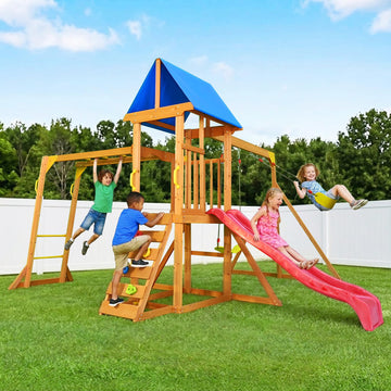 Wooden Swing Sets for Backyard with Monkey Bar, Outdoor Playset for Age 3-6