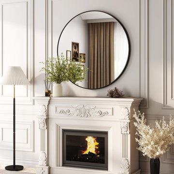 36 Inch Round Bathroom Mirror - Black Wall Mounted Circle Mirror with Metal Frame, Modern Round Hanging Mirror