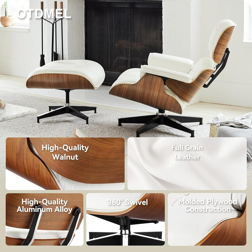 Mid-Century Modern Lounge Chair & Ottoman — White Bonded Grain Leather, Walnut Base, Tall Back