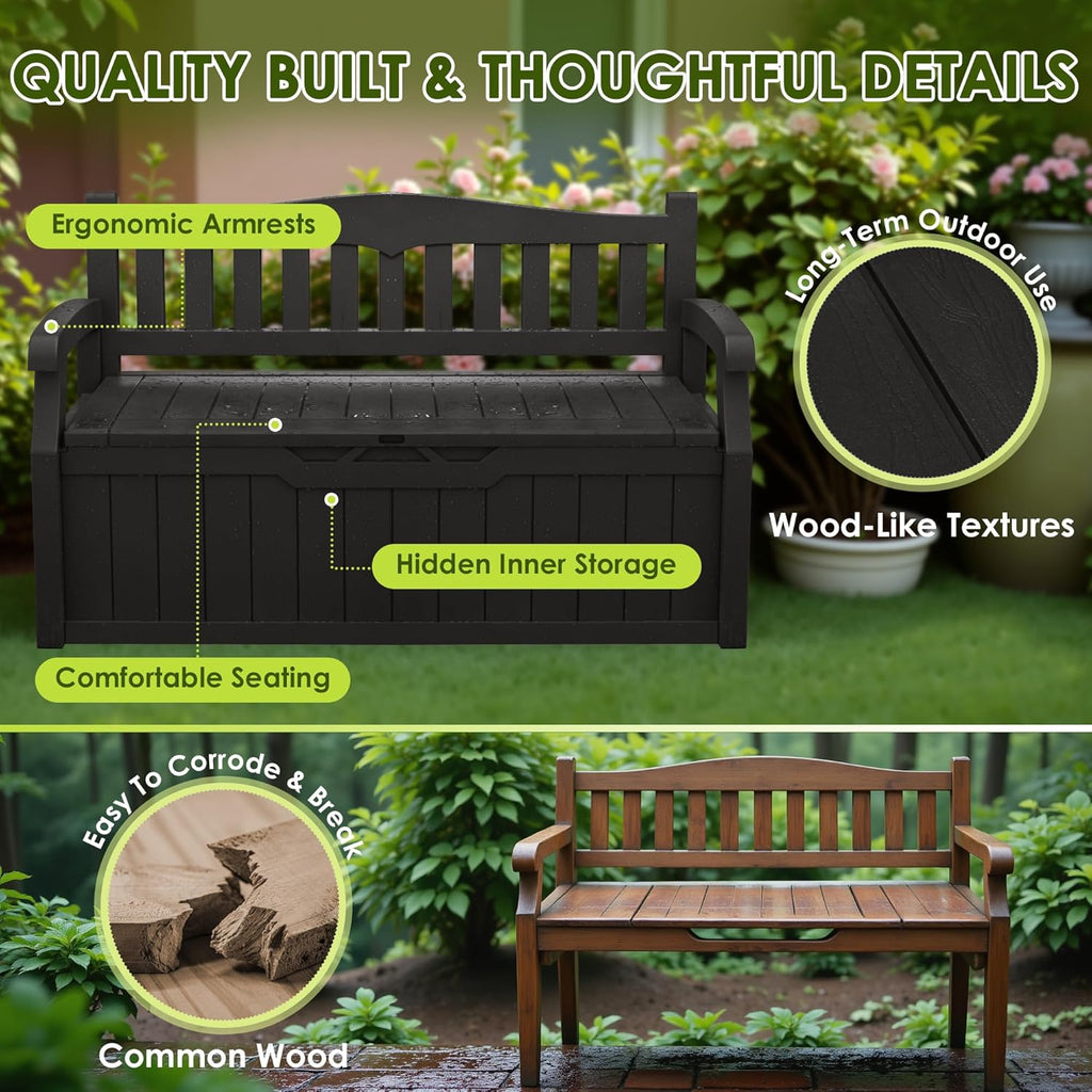 80 Gallon Outdoor Storage Bench, Deck Box, Dark Black | Weather-Resistant Patio Furniture Bench for Backyard, Garden