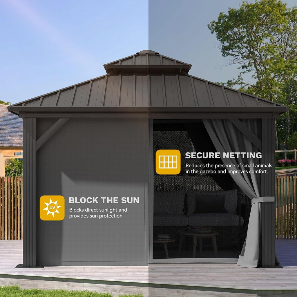10x10ft Hardtop Gazebo Double Roof Hardtop with Nettings and Curtains