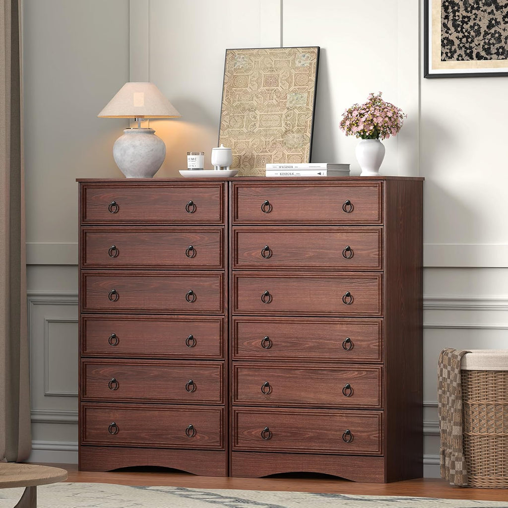 Cherry Wood Dresser 52" Tall , Wood 6 Chest Drawers, 6 Drawer Dresser, Storage for Clothes, Narrow Large Drawers