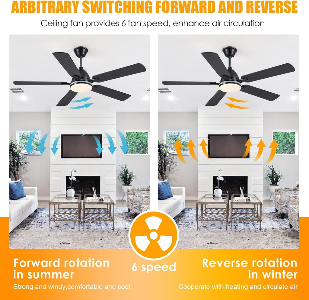 Ceiling Fans with Lights, 52 Inch Low Profile Ceiling Fan with Light and Remote Control,Reversible, RGB_3CCT, Dimmable, Quiet, Black Ceiling Fan for Bedroom Indoor/Outdoor Use