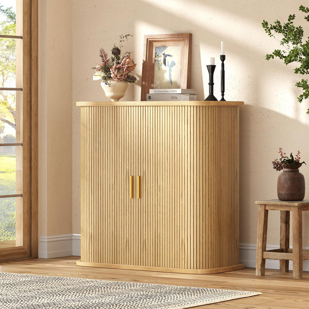 5-Tier Sliding Door Shoe Cabinet, Adjustable Shelves Wooden Shoe Storage with Gold Handle, Mid-Century Modern