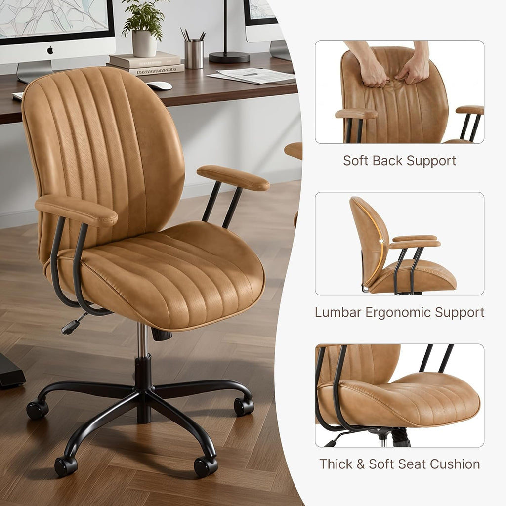Ergonomic Home with Removable Arms, Adjustable Swivel Desk Chair with Wheels, Modern Faux Leather Computer Chair with