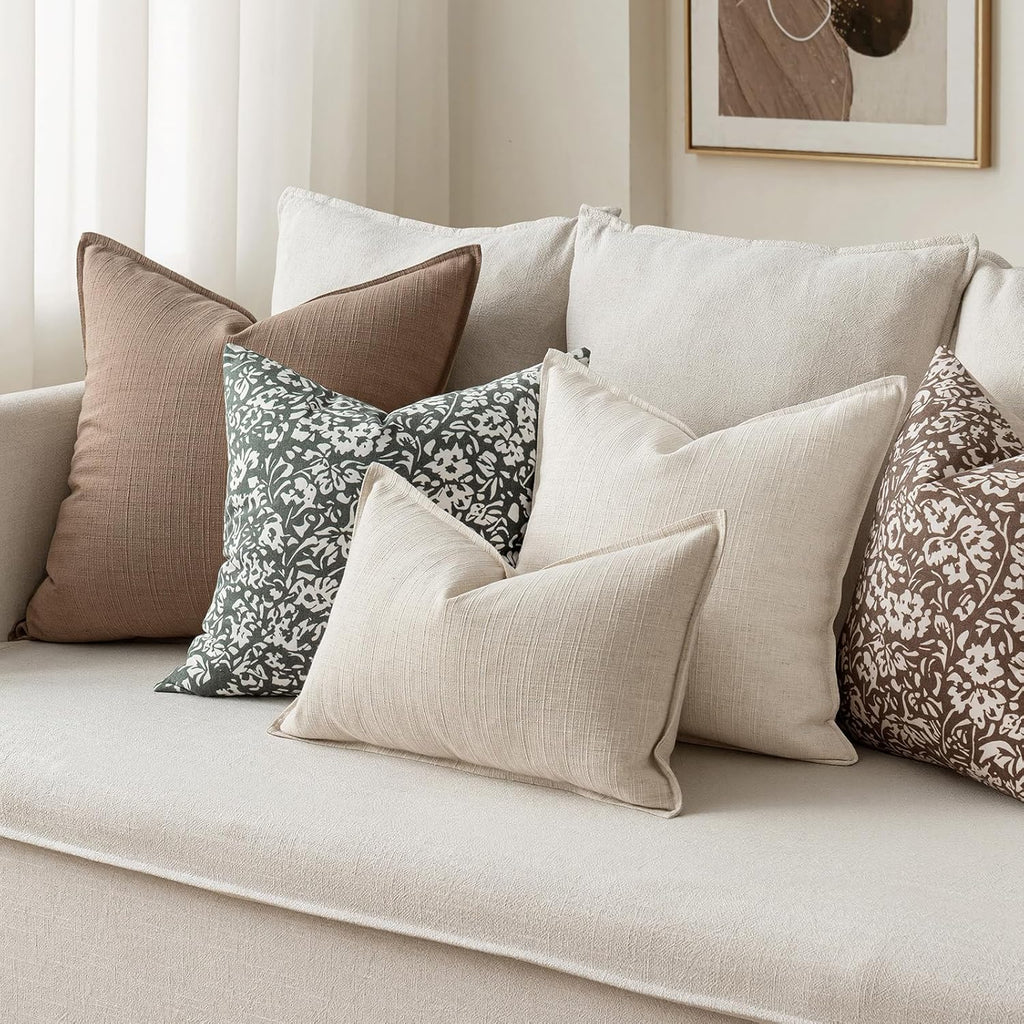 Pack of 2 Thick Textured Couch Throw Pillow Covers, Natural Beige Decorative Pillow Covers 18x18, Neutral Linen