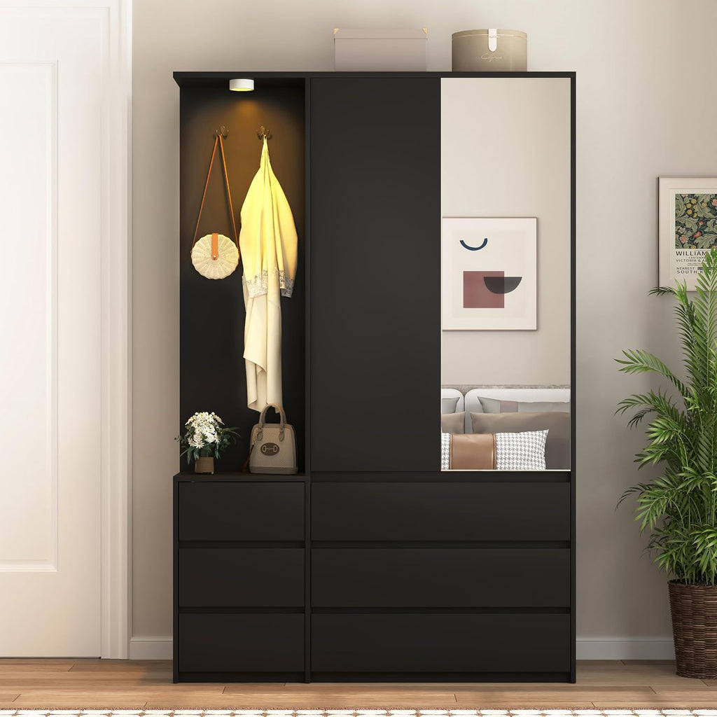Black Wardrobe Closet with Mirror and LED Light, Armoire Wardrobe with 6 Drawers, Hanging Rod, Open Shelves