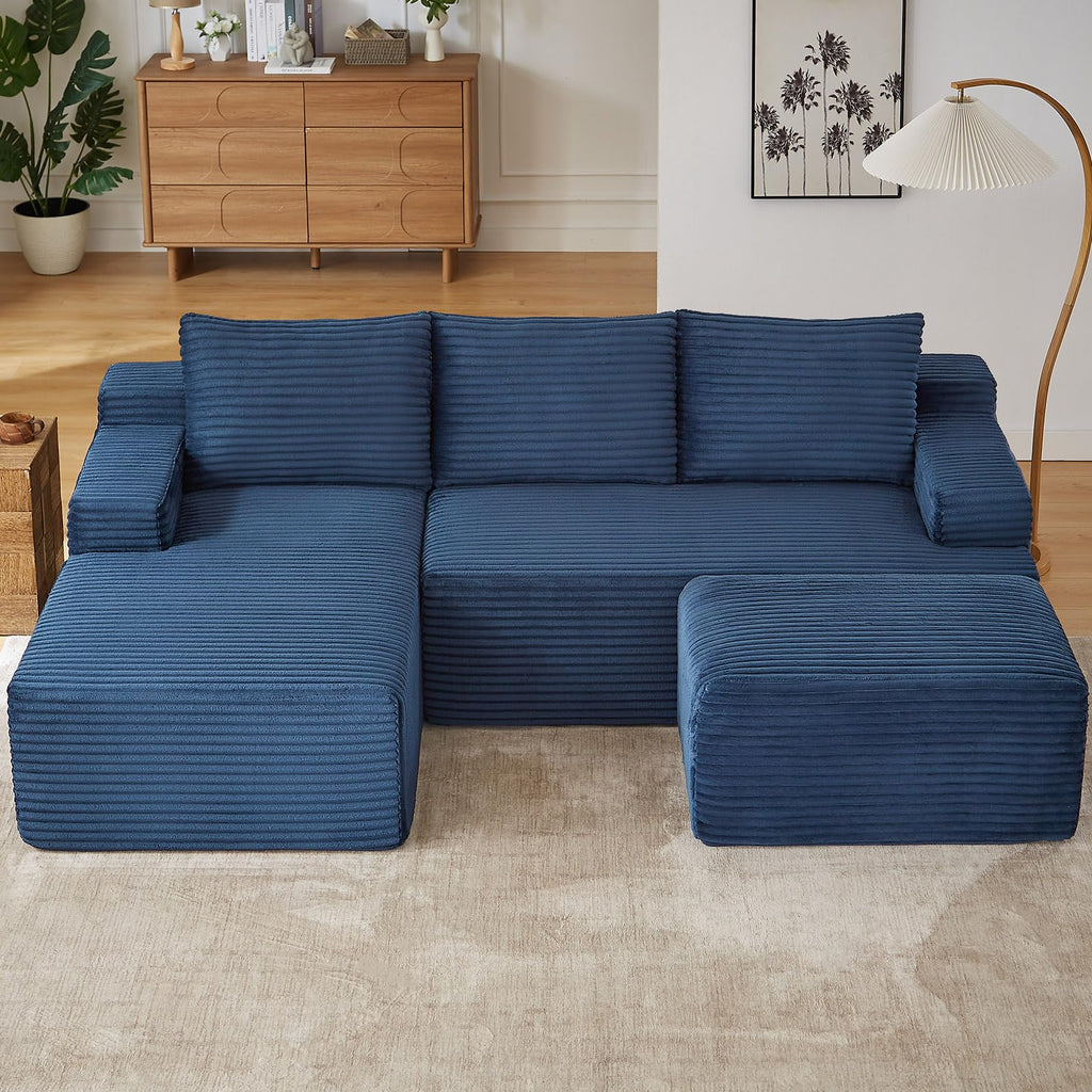96" Cloud Sectional Couch with U-Shaped Chaise, Corduroy Sectional Sofa with Ottoman, Deep Seat Boneless Couch, No