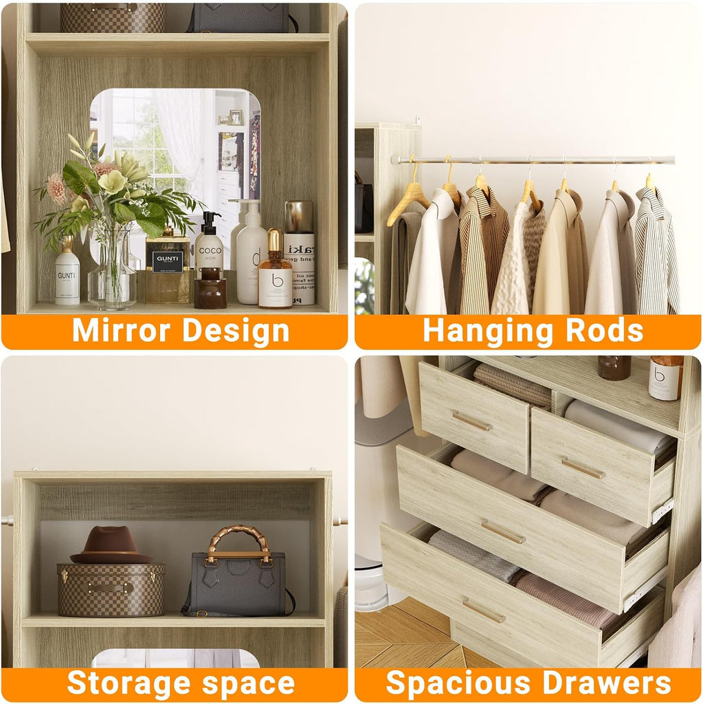 Closet System, 6-14FT Walk in Closet Organizer with 8 Drawers and Mirror, 168" Wood Closets Insert with Tower, Sturdy