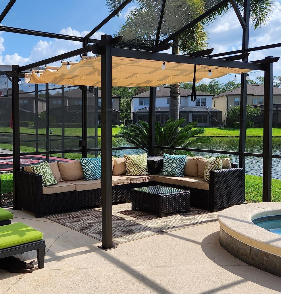 10' X 10' Outdoor Retractable Metal Pergola with Canopy Patio Pergola with Shade Cover for Garden Yard Pavilion Grill Modern for Beach Deck Gazebo, Beige